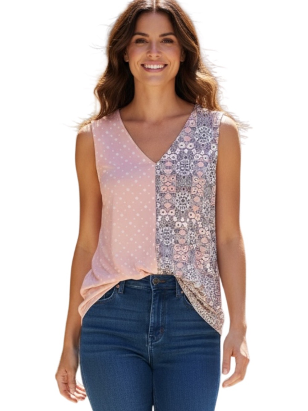 Nina Leonard Pink Patchwork V-Neck Tank